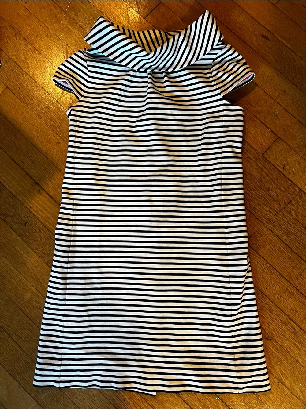 kate spade Blue and White Striped Cowl-Neck Midi Shift Dress with gold buttons